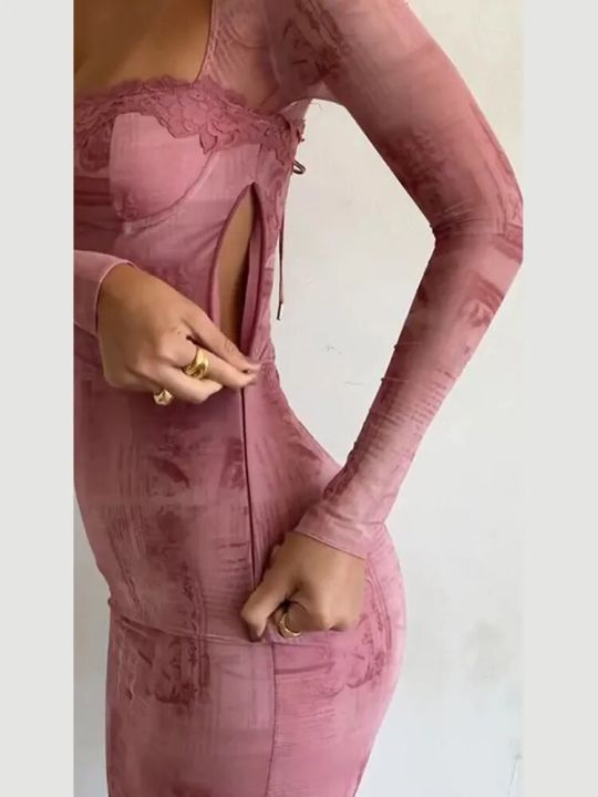 Women%20Fashion%20Lace%20Patchwork%20Print%20Dress%20Backless%20Drawstring%20Tie%20Bodycon%20Long%20Robes%20Elegant%20Ladies%20Evening%20Party%20Vestidos%20-%20Image%202
