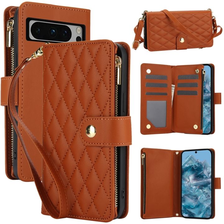 YM016 Rhombic Zipper Card Wallet Leather Phone Case with Lanyard For Google Pixel 8 Pro
