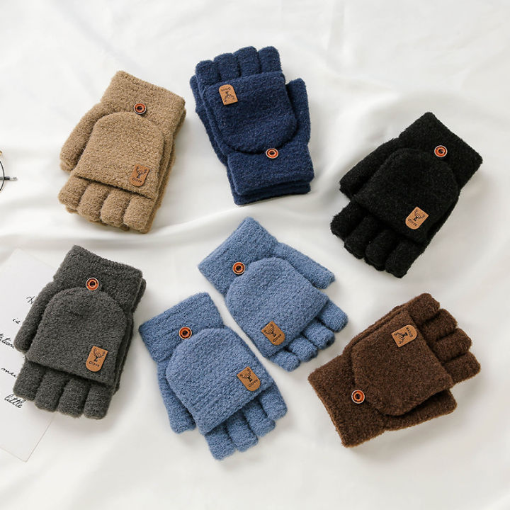 New Men's Winter Gloves Keeping Warm Dual-Purpose Student Half Finger Flip Jacquard Knitted Gloves Order