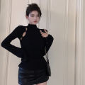 Women Knit T-shirt, Long Sleeve High Neck Hollowed Solid Slit Fall Tops for Daily Street.