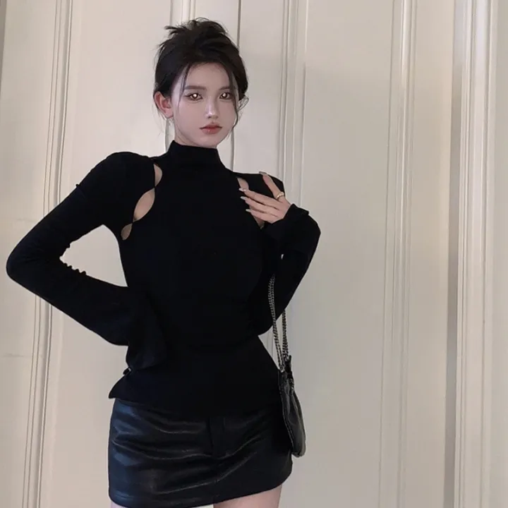 Women%20Knit%20T-shirt,%20Long%20Sleeve%20High%20Neck%20Hollowed%20Solid%20Slit%20Fall%20Tops%20for%20Daily%20Street%20-%20Image%203