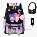 Anime Kuromi Backpack USB Patchwork Girl Boy Black Purple Schoolbag Kawaii Student School Bag Computer Large Mochilas Gift.