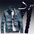 Spring Mens Denim Two Piece Set Hole Ripped Slim Fit Jacket Jeans Sets Male Casual Vintage Ropa Hombre Cargo Suit Streetwear.