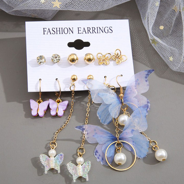 6Pairs/set Fashion Heart Butterfly Stud Earring Set Elegant Pearl Gold Hoop Earrings for Women Accessories Jewelry Fengshi