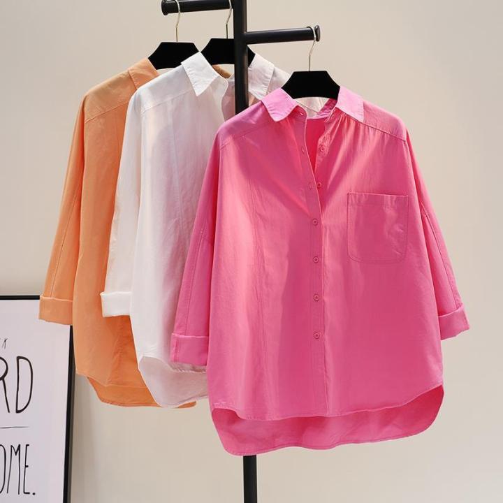 100% Pure Cotton Rose Red Long-Sleeved Shirt for Women Spring and Summer New Single Pocket Loose Slim-Fit Casual Shirt