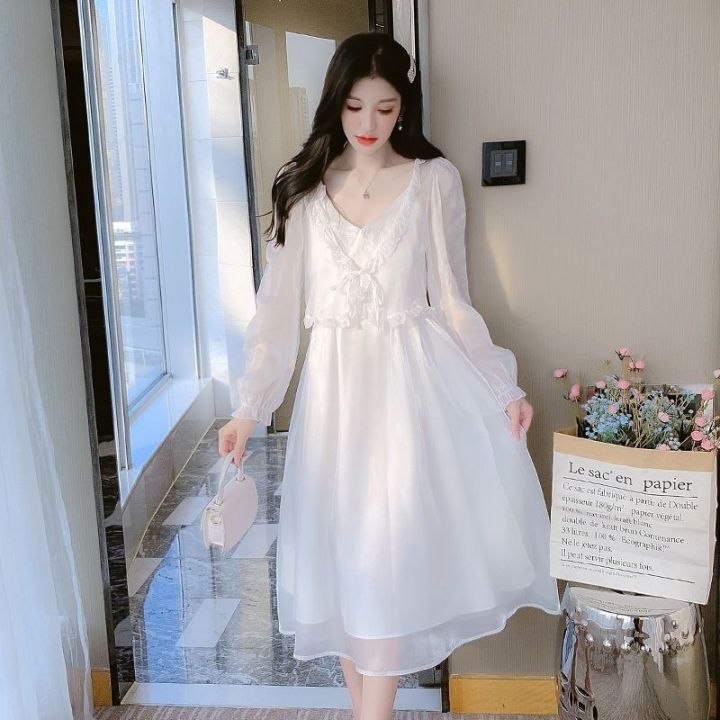 White Moonlight Cinnabar Mole 2022 Amoi Glossy Silk Temperament Slimming Youthful-Looking Overall Dress Set Super Fairy Dress