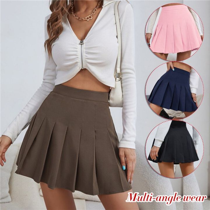 Women%20Mini%20Skirt%20Pleated%20Skirt%20Summer%20Clothes%20High%20Waist%20Chic%20Skirt%20College%20Solid%20Color%20Sweet%20A-line%20Skirt%20School%20Girl%20Uniform%20-%20Image%203