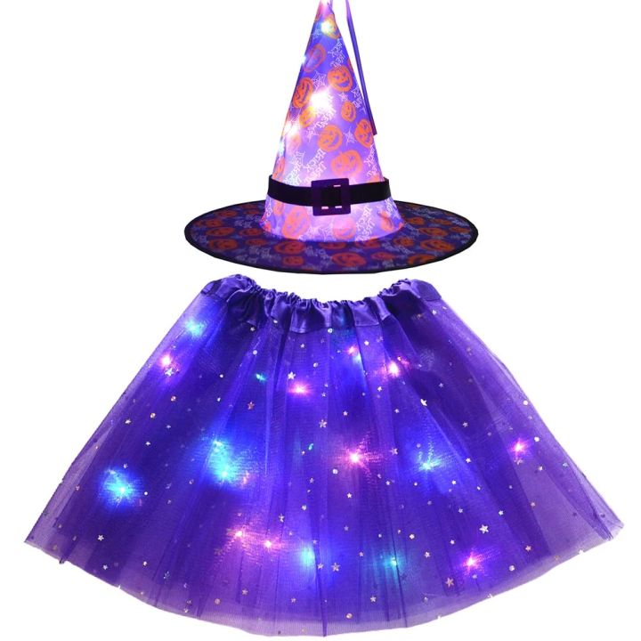Women Kids Girl Glow Cobweb Light Up Tutu Skirt Spider Web Hat Wizard Witch Costume Party Gift Bat Cloak Halloween Christmas
