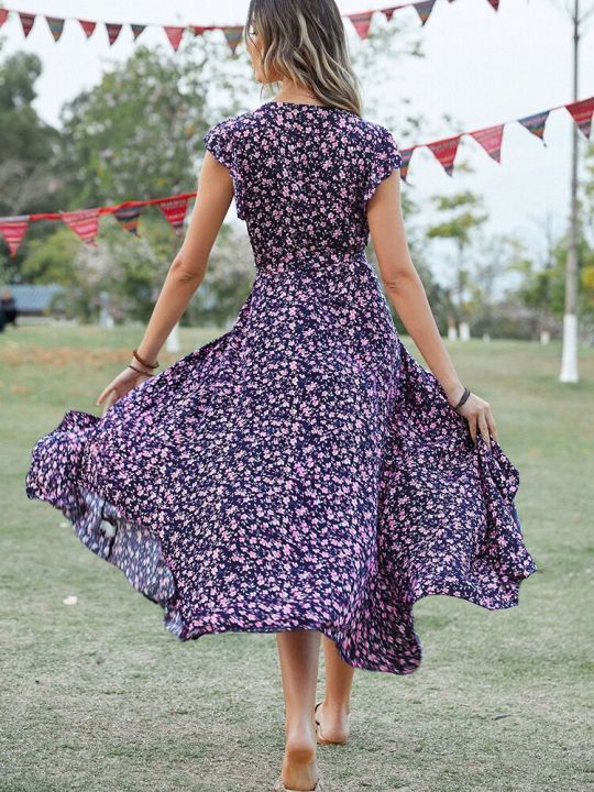Summer%20Elegant%20Floral%20Long%20Dress%20Women%20Casual%20Bandage%20Irregular%20Slit%20Boho%20Beach%20Dress%20Fashion%20Green%20V%20Neck%20New%20In%20Dresses%202023%20-%20Image%203