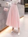2022 New Spring Summer Korean Style Women Swing Long Skirt Pleated Lace Mesh Sweet Loveliness Lady High Waist Ball Gown Skirts.
