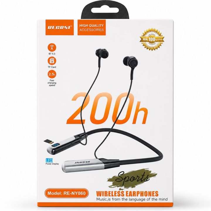 Recrsi wireless Neckband Bluetooth Earphone RE-NY060 Charging becup 200 Hours