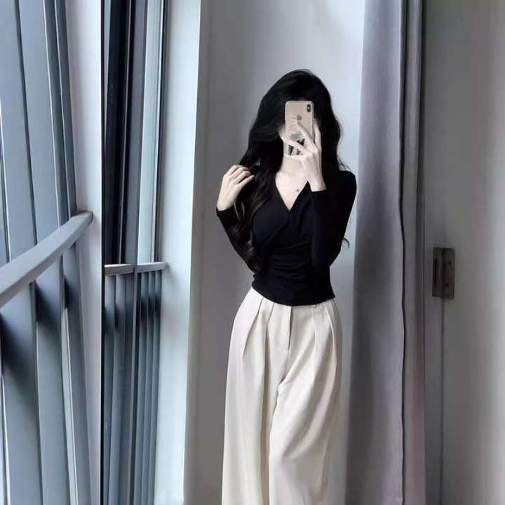 Design%20sense%20pinch%20waist%20V%20neck%20cross%20long%20sleeved%20T%20shirt%20for%20women's%20spring%20and%20summer%20slim%20fit%20inner%20layer%20thin%20base%20shirt%20spicy%20girl%20pure%20desire%20top%20-%20Image%202