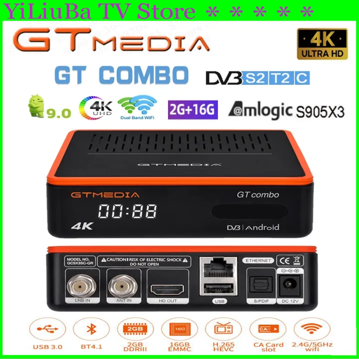 [Oryginalne] GTMEDIA GT COMBO 4K UHD satelitarny odbiornik TV DVB-S2/T2/C Android9.0 system 2G + 16GB TV, pudełko BT 4.1 buti w WIFI 2.4G/5G