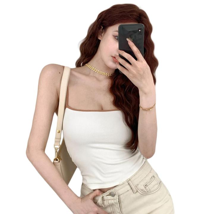 Women Summer Sleeveless Camisole, Spaghetti Strap Contrast Color Low Cut Slim Fit Tank Tops