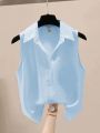 Solid Color Sleeveless Chiffon Crepe Shirt Summer Women Blouses Fashion White Yellow Button Up Shirts Office Ladies Basic Top.