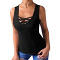 Summer Solid Color Women Clothing Cross Strap Round Neck Selveless Casual Loose Tank Top Vest Tops. 