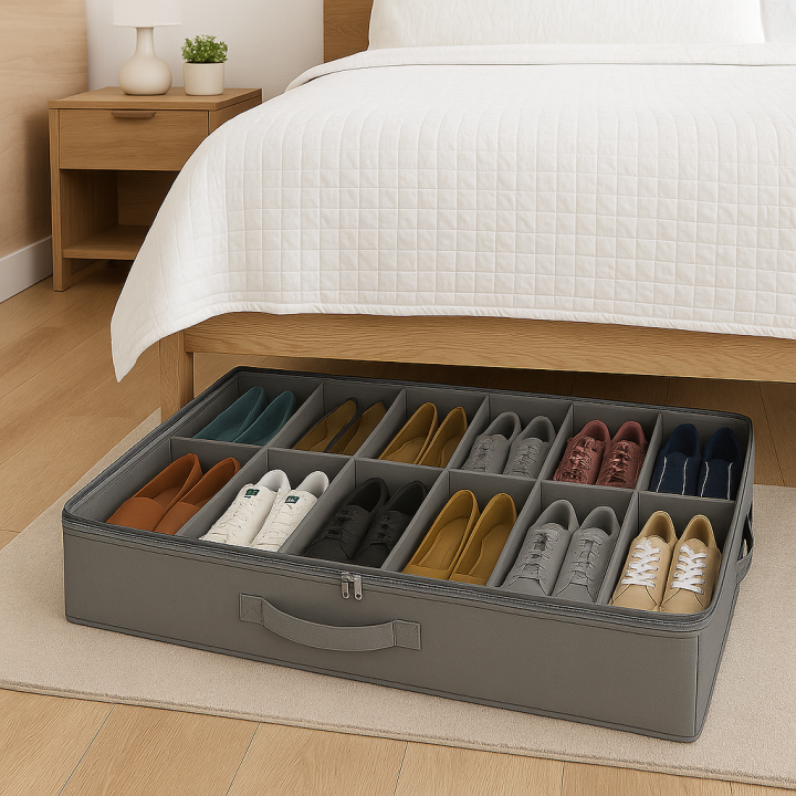 Large 12-Compartment Shoe Storage Box – Underbed Foldable Organizer with Clear Top for Heels & Sneakers