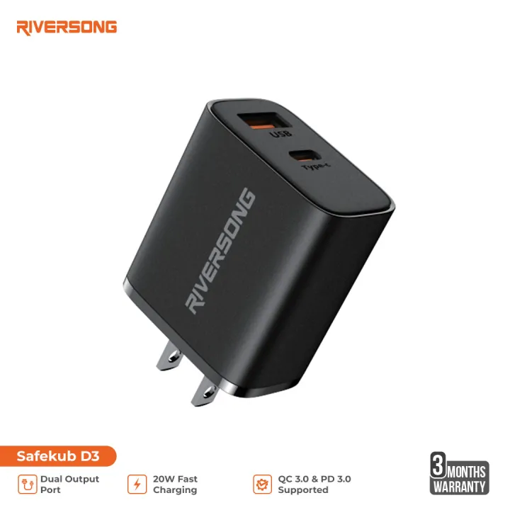 Riversong Safekub D3 QC 3.0 & PD 3.0 Fast Charging 20W Compact Adapter, USB A & USB Type C Dual Output Port, Various Voltage Output with Smart Identification for Best Charging Speed