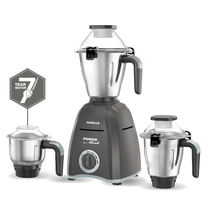 Havells Power Hunk 800 watt Mixer Grinder with 3 Wider mouth Stainless Steel Jar, Hands Free operation, SS-304 Grade Blade & 7 year motor warranty (Grey)