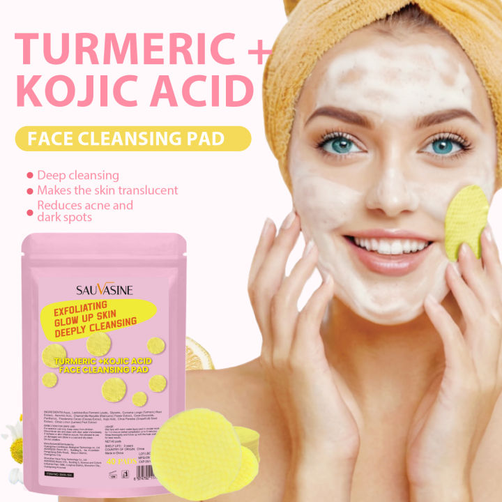 Turmeric Kojic Acid Facial Cleansing Pads Exfoliante Face Foam Cleanser Pad Deep Cleansing Clogged Pores Oil Dirt Dead Skin Care