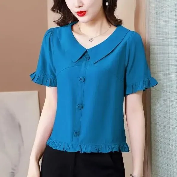 Summer%20New%20Peter%20Pan%20Collar%20Fashion%20Trendy%20Small%20Shirt%20Shirt%20Temperament%20Waist-Controlled%20Short-Sleeved%20Shirt%20Women's%20Chiffon%20Shirt%20Fashion%20-%20Image%203