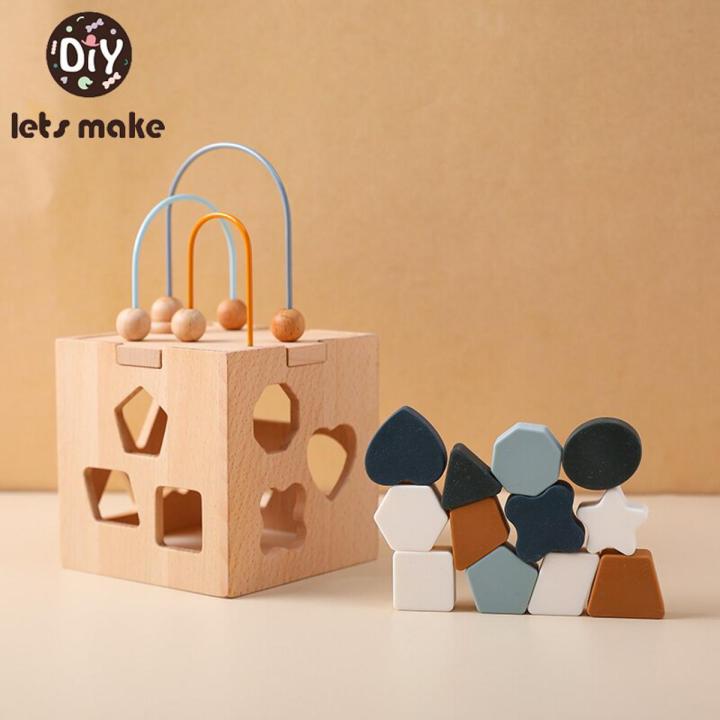 Baby Montessori Toy Geometric Shape Silicone Blocks Wooden Box Shape Matching Stacking Toddler Toys Puzzle Early Education Toy