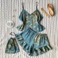 Elegant Floral Print Cami Tops Ruffle Hem Shorts Pajama Set Women's Sleepwear Loungewear. 