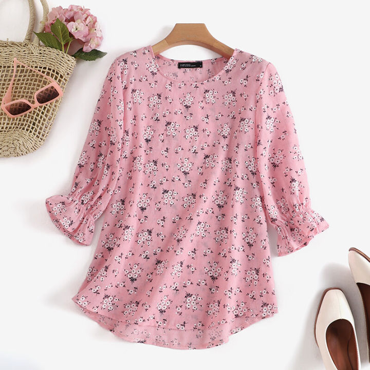 ZANZEA%20Korean%20Style%20Women%20Floral%20Printed%20Tops%20Ruffle%203/4%20Sleeve%20Office%20Lady%20Shirt%20Blouse%20-%20Image%206