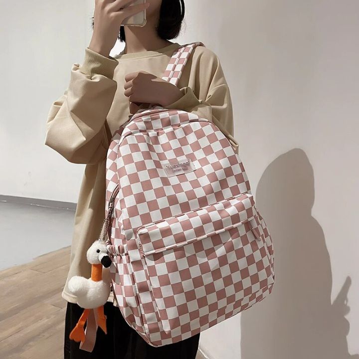 Pink Plaid Backpack Women School Bag Men Black Checked