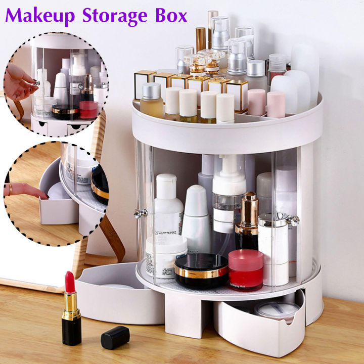 3 Layer Rotation Transparent Door Desktop Organizer Storage Box Makeup Cosmetic Drawer Case