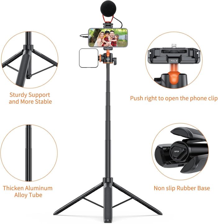 VRIG TP-16 Extendable Phone Tripod, 57.1 Inch Camera Tripod, 2 in 1 iPhone Tripod, 360 Degree Rotation, Compact Lightweight, Three Legs Camera/Camera Tripod