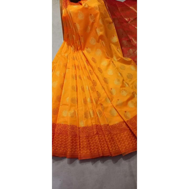Katan Sharee - Soft Silk Katan - Yellow Shari - Gaye Holuder Saree - Tat Shari - Special Occasion Share - Tangail Katan Share - Biyer Gift Sharees - Gift Saree - Paka Rong - Festival Sarees - Party Sharees - 12 Hat Sari