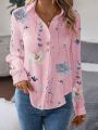 2024 Summer Flower Printed Long Sleeved T-Shirt Women Loose Elegant Tops Office Lady Vacation Beach Casual Sweet Blouse. 