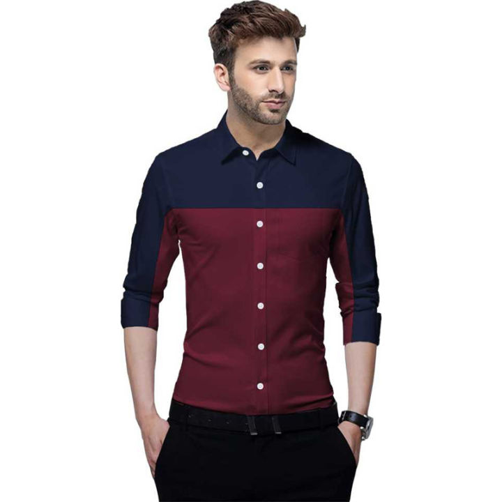 Navy Blue Maroon Stylish Full Sleeve Casual Shirt For Man