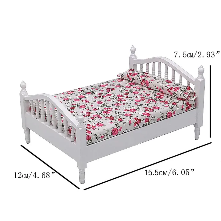 1:12%20Dollhouse%20Miniature%20Bedroom%20Furniture%20Wooden%20Bed%20With%20Mattress%20White%20European%20-%20Image%206