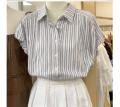 French Style Blue and White Vertical Stripes Shoulder Short Sleeve Shirt Women's Summer Shirt Cardigan Outer Wear Small Flying Sleeve Top Summer.