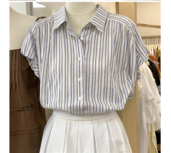 French%20Style%20Blue%20and%20White%20Vertical%20Stripes%20Shoulder%20Short%20Sleeve%20Shirt%20Women's%20Summer%20Shirt%20Cardigan%20Outer%20Wear%20Small%20Flying%20Sleeve%20Top%20Summer%20-%20Image%205