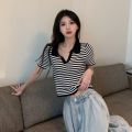 Stripes T Women's Summer Thin T-shirt Polo Collar T-shirt Shory Style High Waist Navel-Exposed Design Sense Niche Knitted Hot Girl Top. 