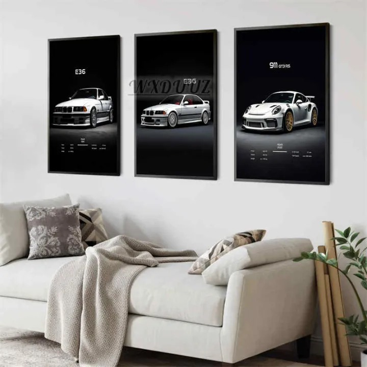 Black%20and%20White%20Super%20Luxury%20Sports%20Car%20poster%20Set%20For%20Wall%20Art%20Cars%20Model%20Details%20M3%20E36%20GT3%20Canvas%20Painting%20Garage%20Room%20Decor%20-%20Image%202