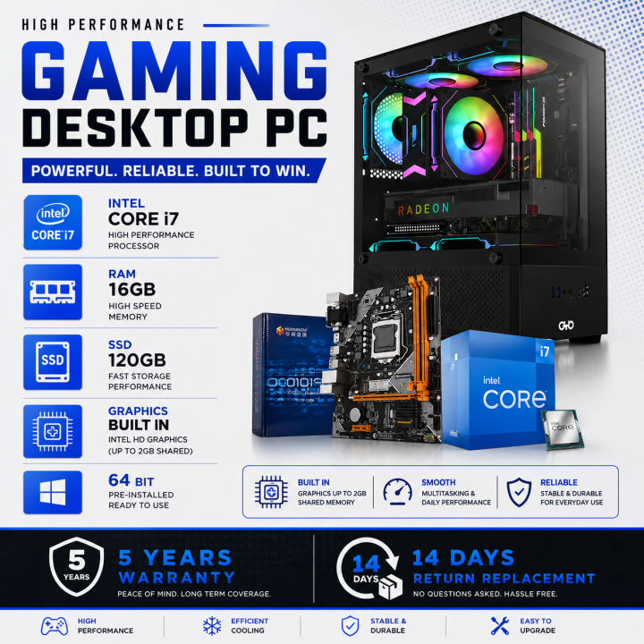 Intel Core i7 RAM 16GB SSD 120GB Graphics 2GB Built In Gaming PC 64 Bit New Full Desktop Computer