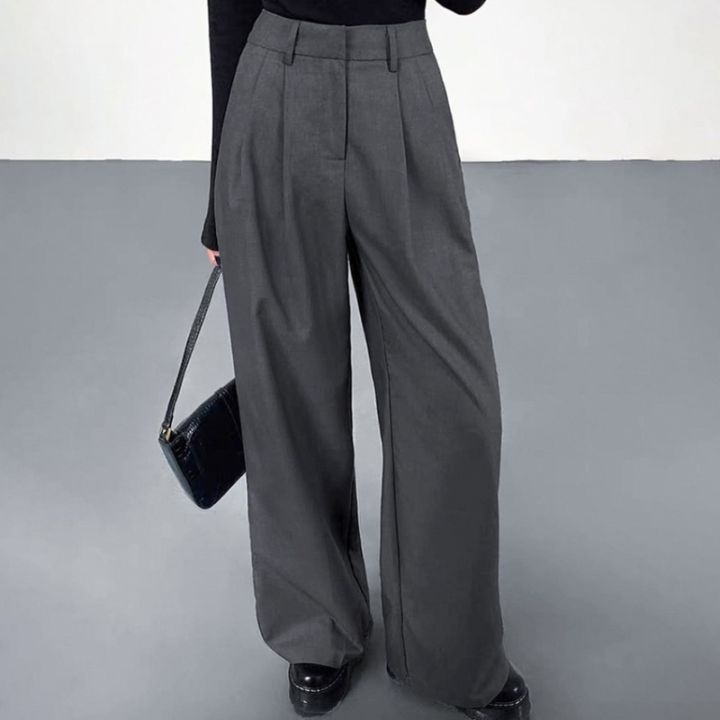 Deeptown Baggy Elegant Black Suit Pants Women Casual Classical Wide Old Money Office Grey Trousers Basic High Waist Korean