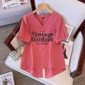 Split Short Sleeve T T-shirt Women's Summer New Korean Style Loose Slimming Large Size V Collar Top Female Fashion.
