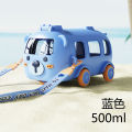500 milli cute water drink bottle gift with straw belt 2-in-1 water bottle and bus toy kids water cup bottle school girl boy liter.