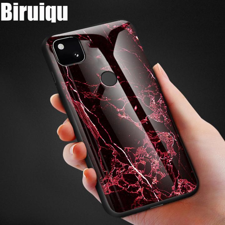 Biruiqu For Google Pixel 4A Shockproof Fashion Marble Tempered Glass Back Case Cover