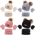 3PCS Cute Pompom Knitted Hats Winter Baby Hat Scarf Gloves Set Solid Color Toddler Bonnet Outdoor Warm Infant Accessories 1-5Y.