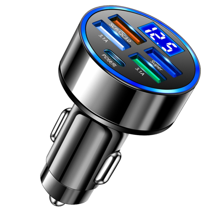 5 in 1 Car Auto Charging Plug Adapter LED Digital Display 15W Car Charger Adapter Fast Charging Easy Install Easy to Use