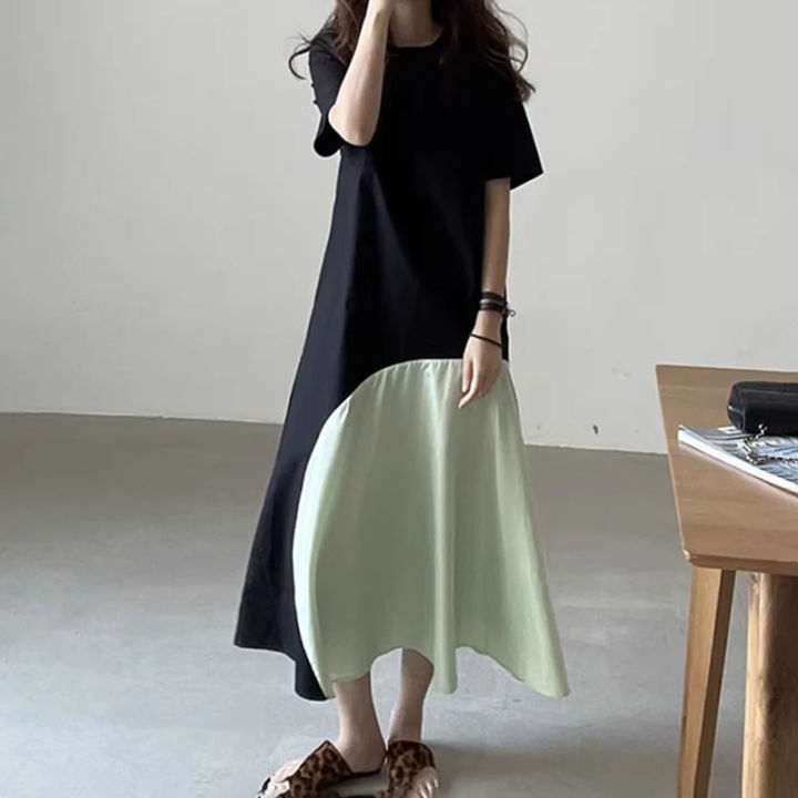 Women%E2%80%99s%20Ruffled%20Hem%20A-Line%20Robes%20Fashion%20Casual%20Loose%20O%20Neck%20Short%20Sleeve%20Dress%20Patchwork%20Midi%20Dress%20-%20Image%202