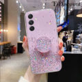 New Phone Case For Samsung Galaxy M34 Cover Glitter Bling Soft Stars Moon Sequins Folding Bracket Transparent For Galaxy M34 Case.