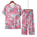 Middle-aged and elderly cotton silk pajamas, women's summer thin short-sleeved two-piece suits, summer cotton cotton silk home clothes can be worn outside. 