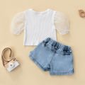 2Pcs Girls Summer Outfit, Patchwork Bubble-Sleeve Blouse + Frill Denim Shorts Set for Kids, 6 Months to 4 Years. 